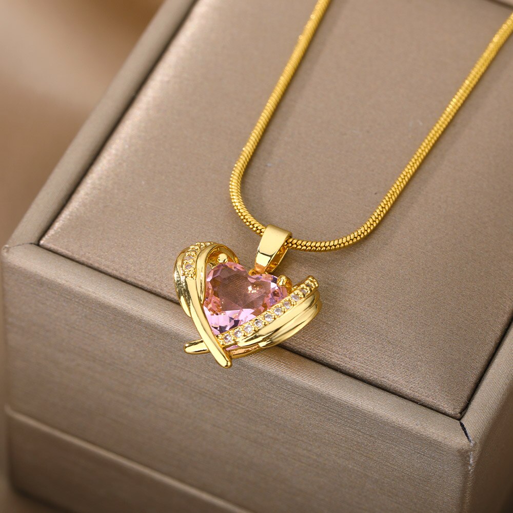 Niedliche rosa halskette mit herzanhänger aus kristall für damen, edelstahl, goldene choker-kette, einteiliges schmuckstück für partys