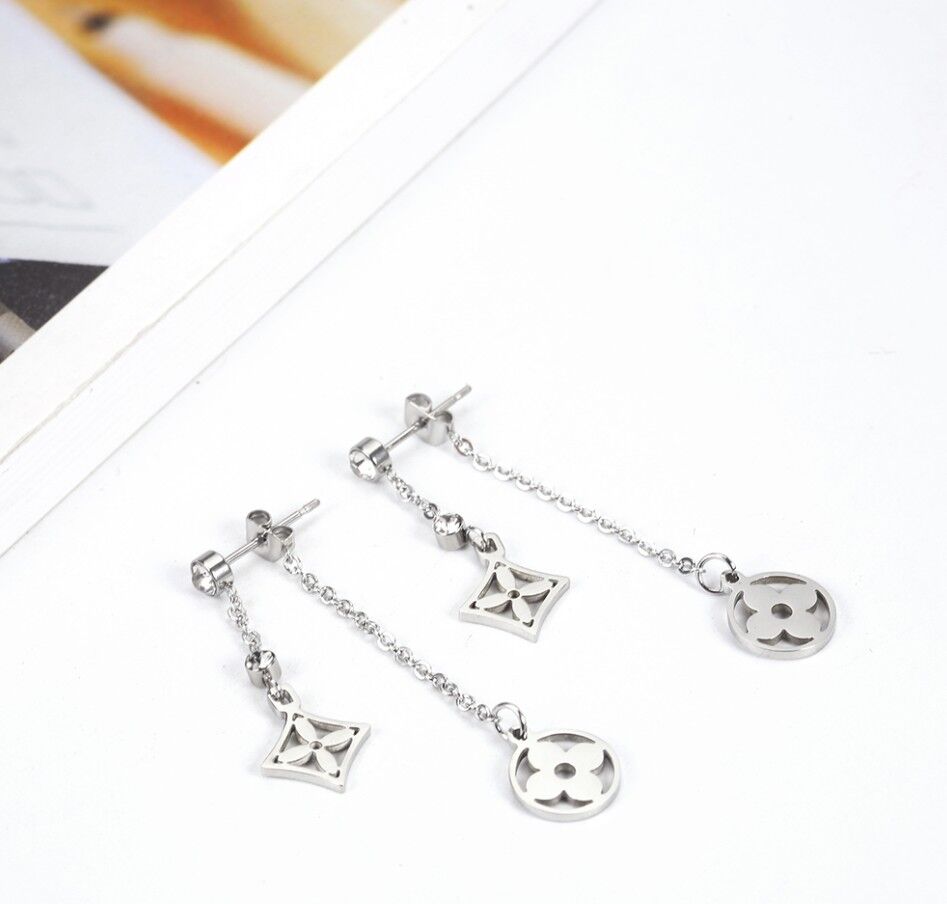 Bonito duplo flor brincos de gota para as mulheres de aço inoxidável pendientes cz brincos 2020 aretes collier feminino presente de casamento: silver