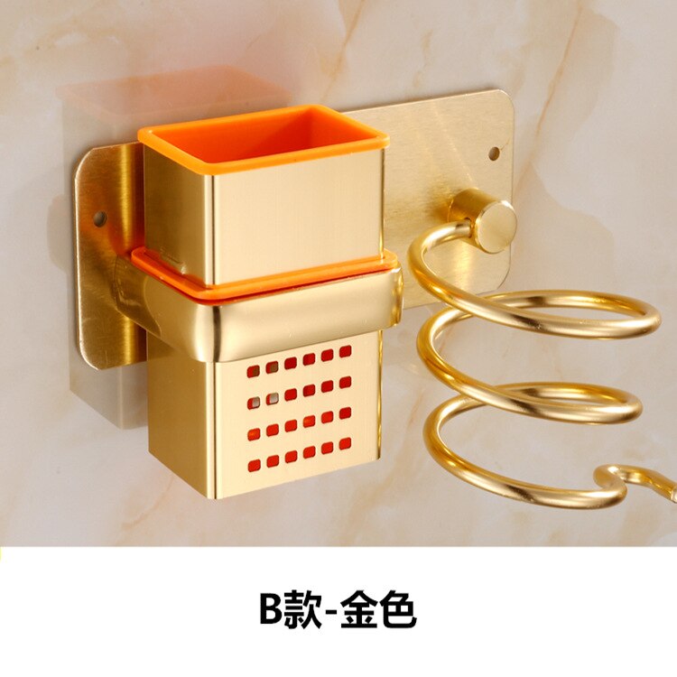 Gold Hair Dryer Holder Space Aluminium Bathroom Wall Shelf Hair Dryer Rack with Basket bathroom shelves Bathroom Accessories: B-gold