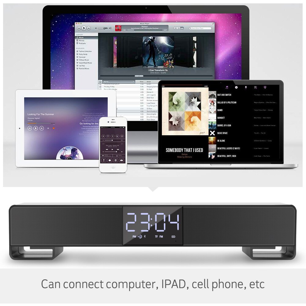 TOPROAD Touch Wireless Soundbar Dual Bass Stereo Bluetooth Speaker Support LCD Display Clock Handfree Radio Boombox for PC Phone
