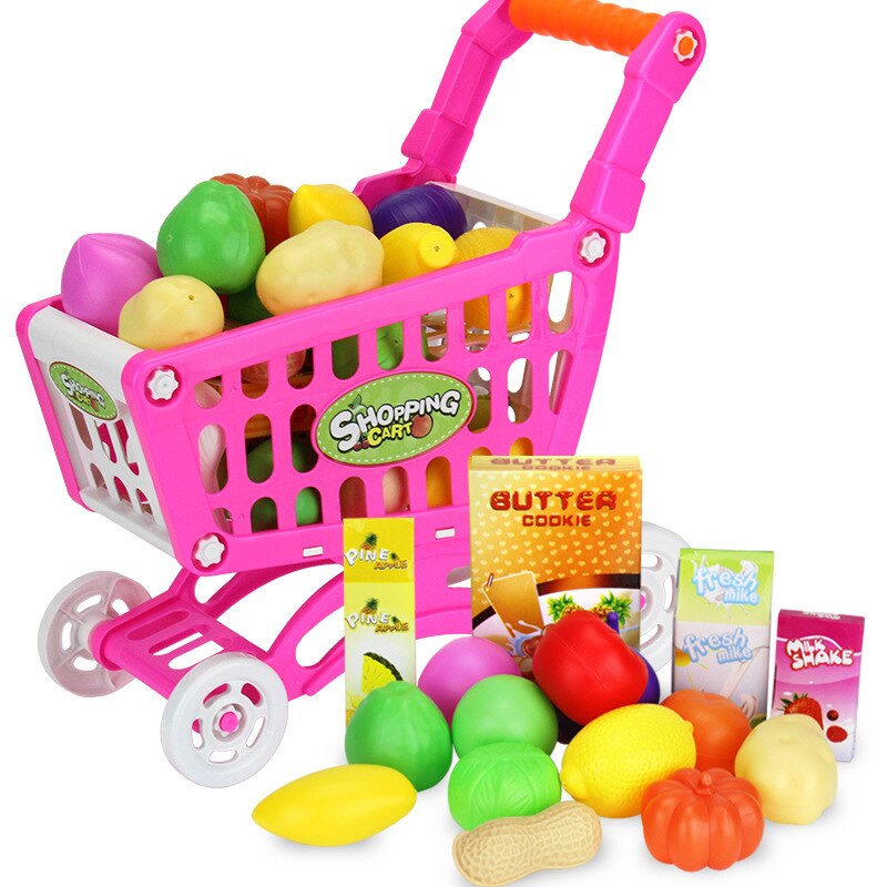 Børns legehus legetøj burfri simulation supermarked vogn vegetabilsk frugt mini indkøbsvogn