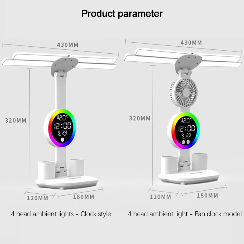 Oplaadbare tafellamp voor studie, leeslamp voor bureaulamp Led-tafellamp met ventilator, leeslamp met led-klokdisplay
