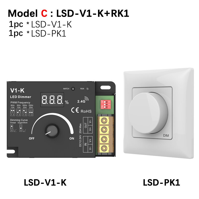 Rotary LED Dimmer DC 12V 24V PWM Wireless Frequency Adjustable 20A Single Color LED Strip Controller Knob 12 Volt Dimmer Switch: Model C