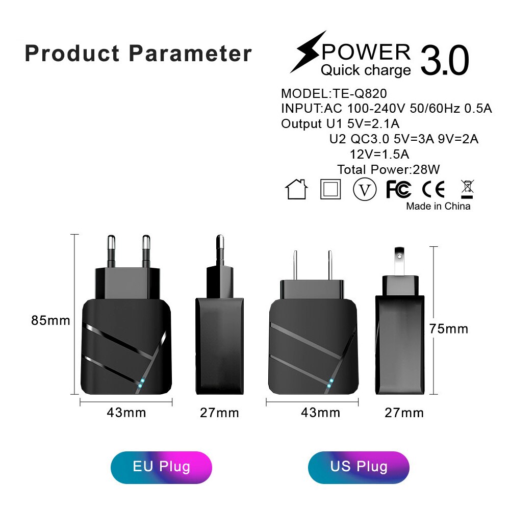 QC 3.0 USB Charger Adapter 5V 2A 28W,Quick Charger 2 USB Port,Universal Adapter Travel Fast Charging Illuminated EU US Wall Plug