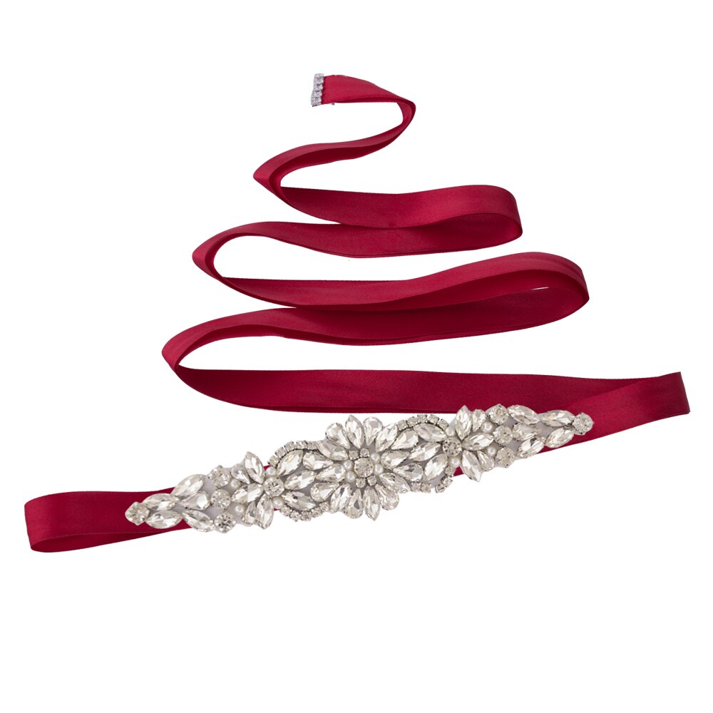 TRiXY S407 Rhinestones Belt Wedding Belt Silver Diamond Belt Crystal Bridal Belt Sash for Wedding Gown Shiny Wedding Accessories: wine red