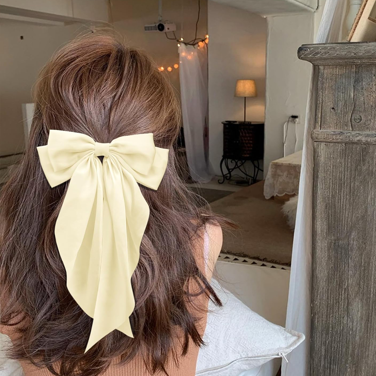 Grampo de cabelo com laço rosa feminino, grande laço de cetim branco, clipe de jacaré de cauda longa, laço de cabelo grande para meninas adequado para aniversário de casamento dan