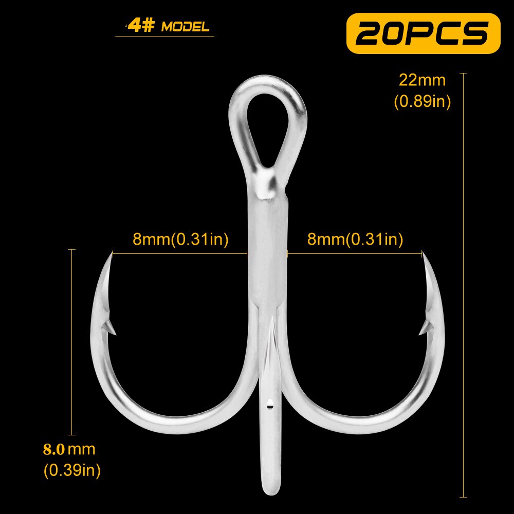 ST41-3X 20pcs/bag Fishing Hooks High Carbon Steel Treble Hooks Silver Super Sharp 2# 4# 6# 8# 10# 12# High Strength Hooks Tackle: 4