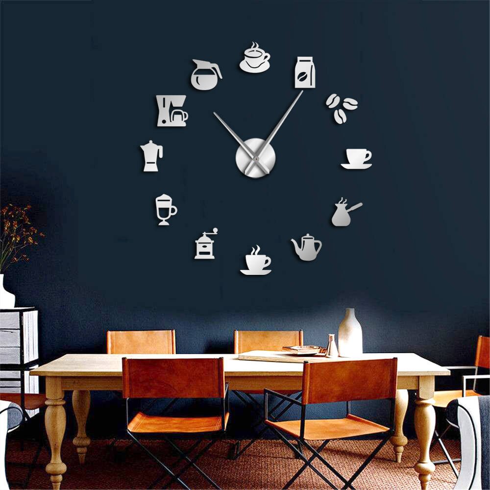 Coffee Signs Modern Kitchen Clock 3D DIY Size Adjustable Wall Clock Watch Quartz Acrylic Mirror Sticker Coffee Bean Clock