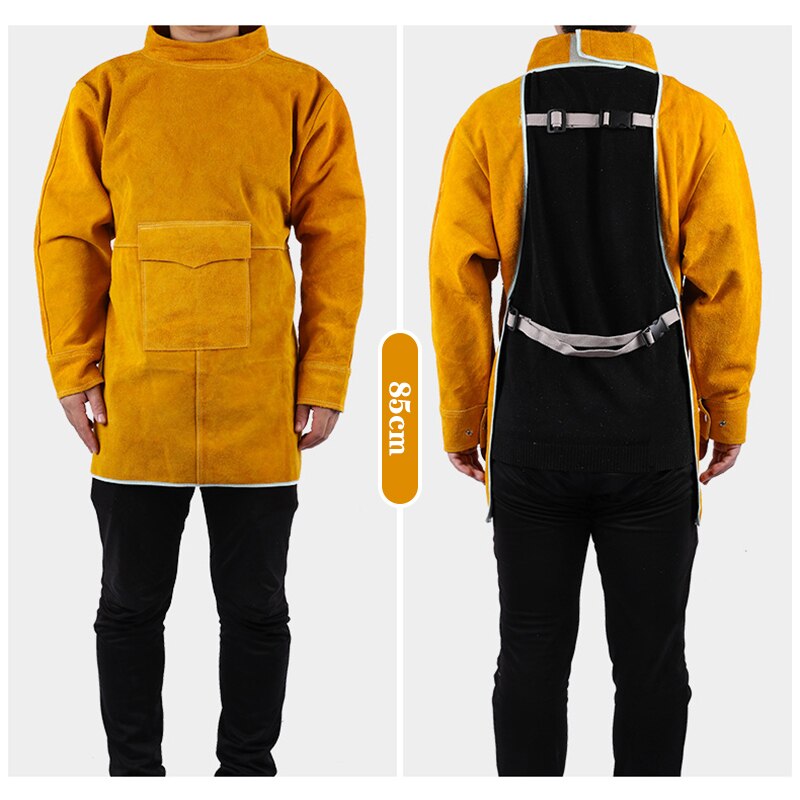Cowhide Work Clothes Apron Welding Protective Clothing Heat and Fire Resistant Welders Safety Clothing Welding Apron: Short collar / yellow 85cm
