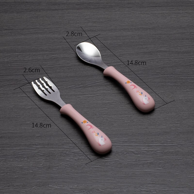 Juego de cuchara y tenedor para bebé, cubiertos de acero inoxidable de seguridad para alimentación de niños, utensilio de dibujos animados, vajilla infantil, 2 piezas