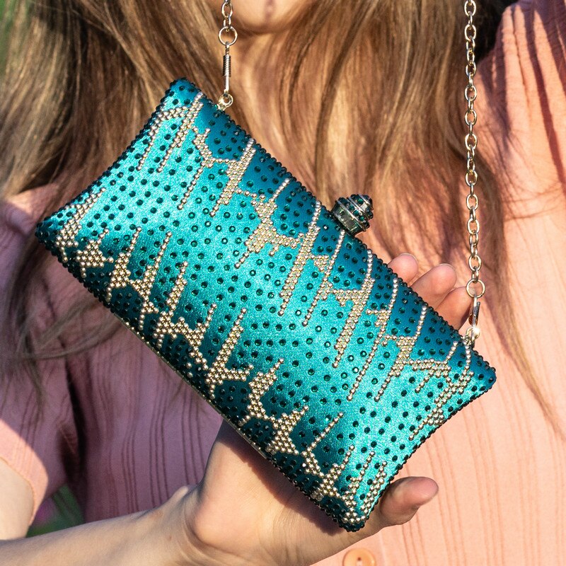 Boutique De FGG Green & Gold Gestreepte Vrouwen Clutch Kristal Avondtassen Dames Diamond Party Handtassen en Portemonnees