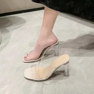 Sommerpumps sandaler til kvinder med åben tå og høje hæle til kvinder med gennemsigtige plexiglass-tøfler.: Blå / 41