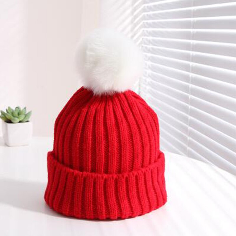 Pompon baby muts winter gebreide kinder baby meisjes muts warme zachte kinderen peuter meisjes muts muts casquette enfant: Rood