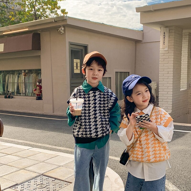 2022 Lente Unisex Mode Plaid Gebreide Vest Jongens Meisjes Losse Casual Mouwloze Truien