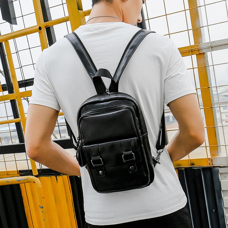Black Leather PU Small Backpack for Men Multi-function Travel Shoulder Chest Bag Casual Sport Male Sling Bag Mochila Hombre