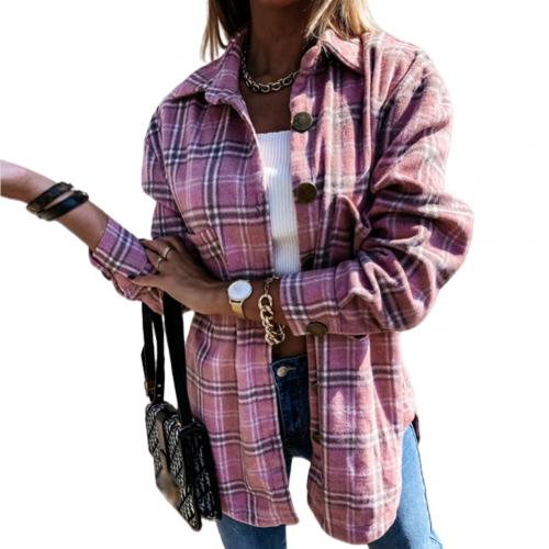 Dames stijlvolle omslagkraag zakken jas geruite knopen lang overhemd jas: Roze / S