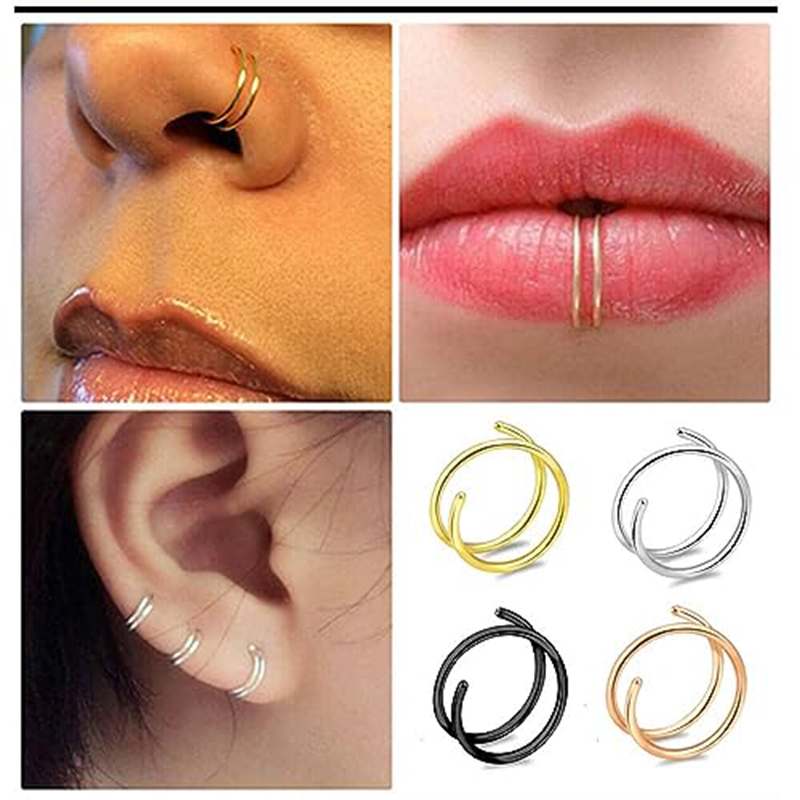 Anillo de nariz de doble aro de acero inoxidable para un solo Piercing, anillo de nariz en espiral cómodo 20G 8/10mm anillos de nariz finos joyería para Piercing