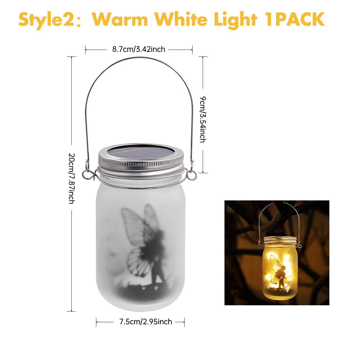 Lanterne solaire en verre dépoli, lumières dégradées, ornement de jardin, lumière extérieure, bocal maçon, table d'arbre, cour, jardin: orange / 6-10W