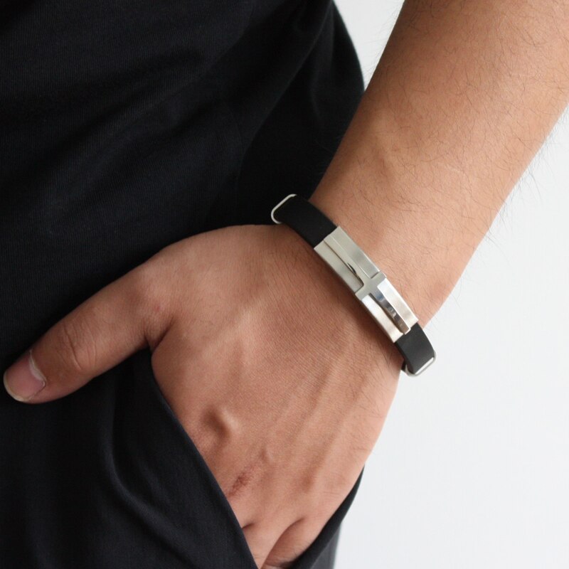 Classical Men Bracelets Christian Black Silicone Bracelet 3 Colors Stainless Steel Cross Clasp Wristband Male Jewelry Accesories