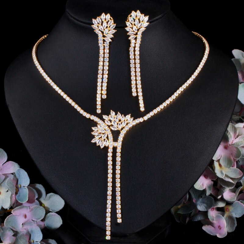 Cwwzircons Dubai Cz Steen Lange Dangle Bridal Tassel Earring Ketting Set Voor Wedding Party Kostuum Sieraden Accessoires T466: gold color