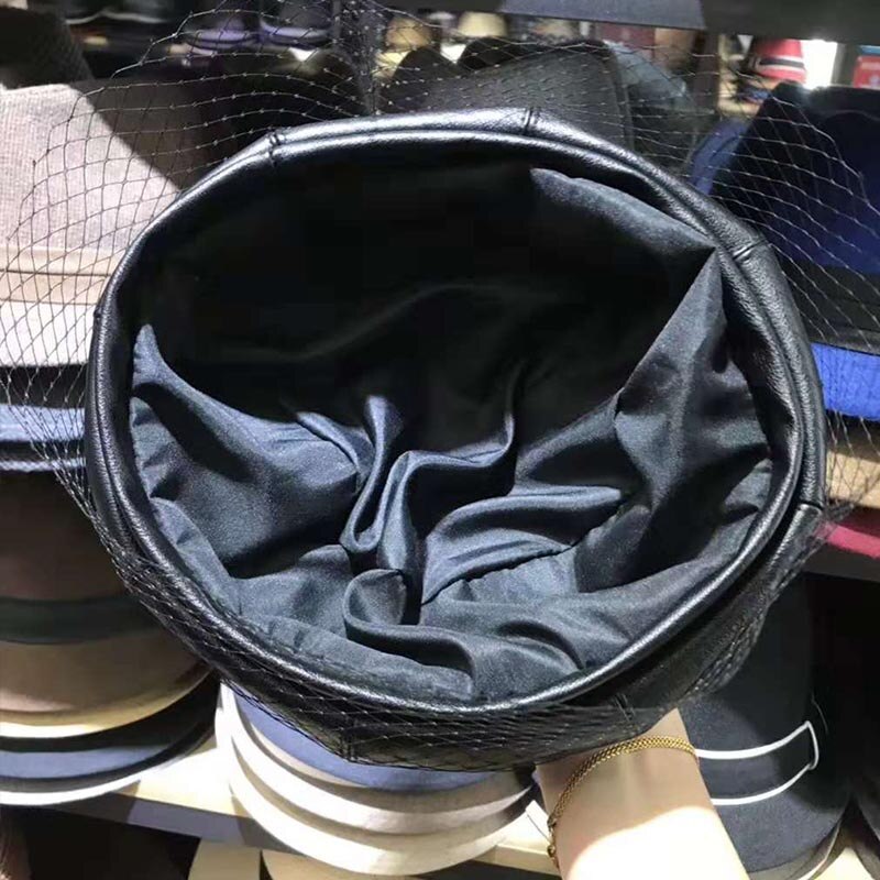 Fascinerende Zwarte Hoed Chic Leer Franse Baret Met Sluier Mesh Show Double Layer Vrouwen Baret Mutsen Cap