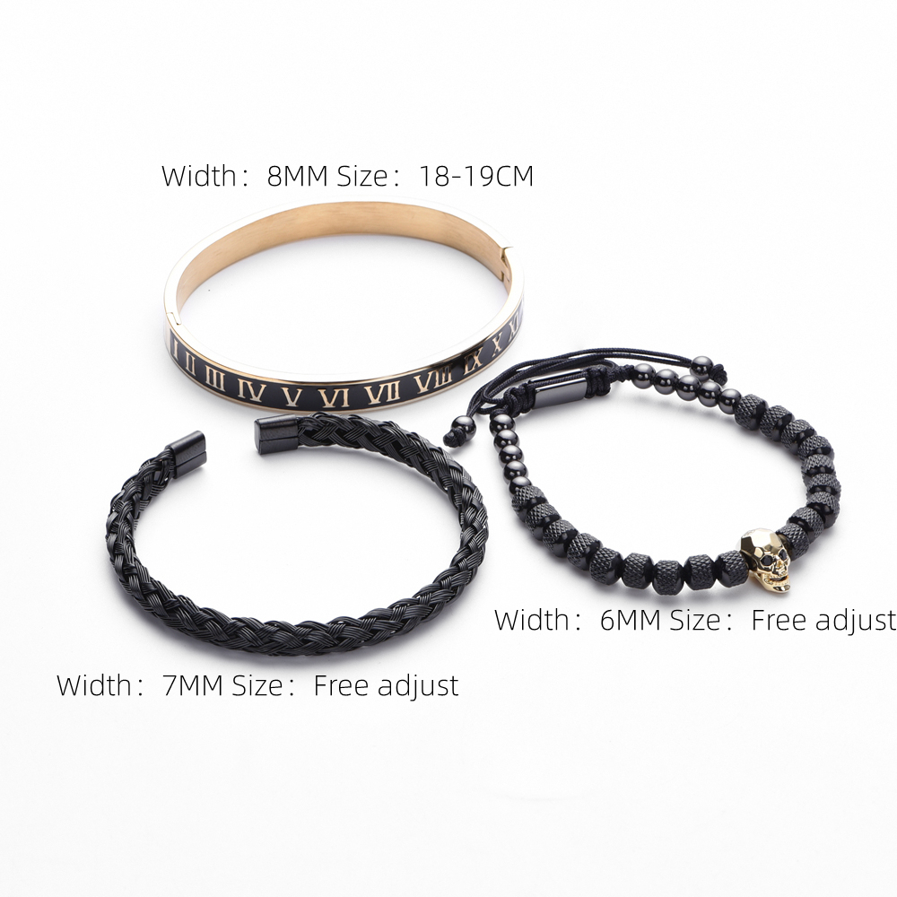 Conjunto de 3 unids/set de pulseras de acero inoxidable para hombre, Set de 3 unids/set de brazaletes con de Calavera, Oro Negro, esmalte, número romano, joyería europea para parejas