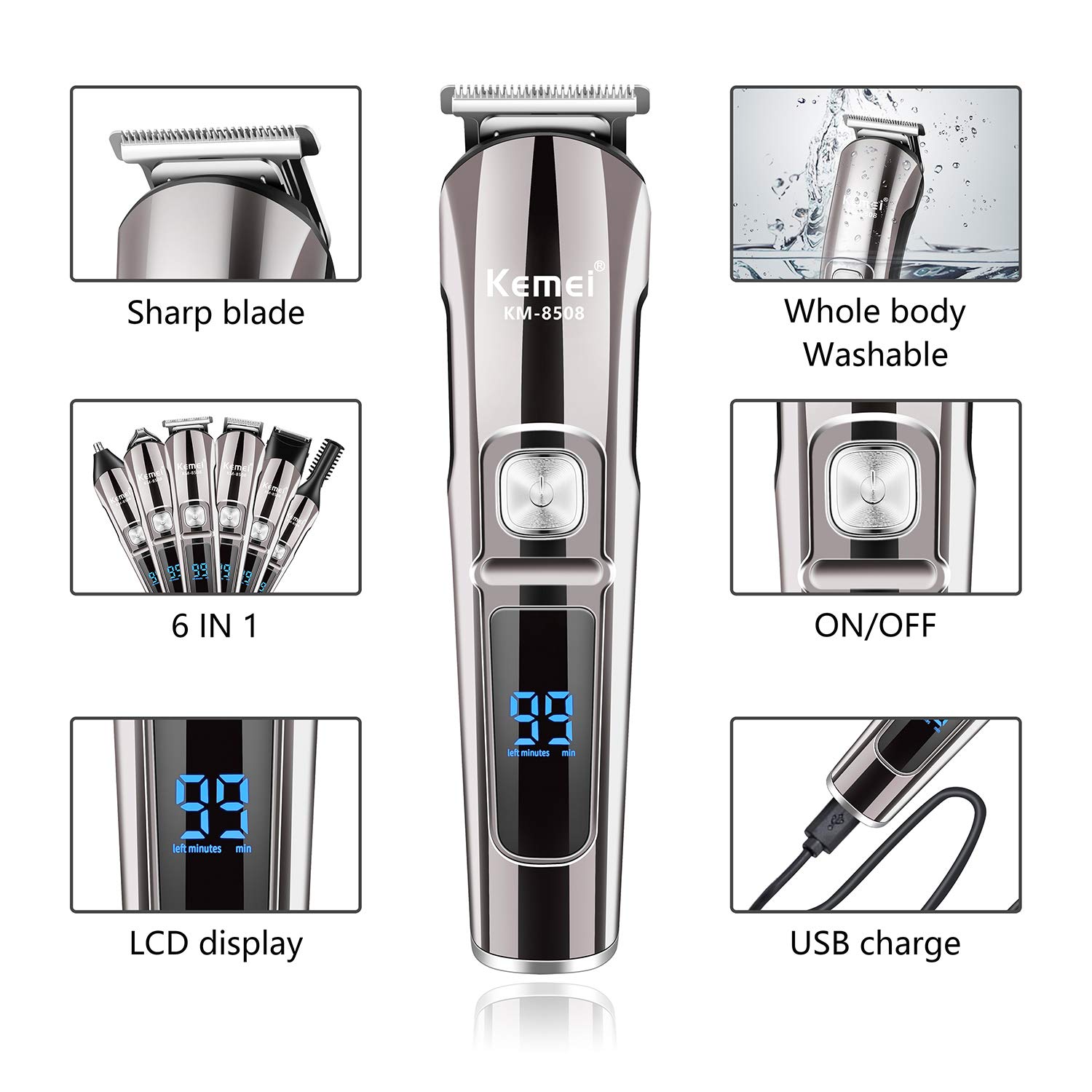 Kemei Hair Trimmer Waterproof 6 in 1 Hair Clipper Electric Hair Cutting Machine Beard trimer Body Men Haircut