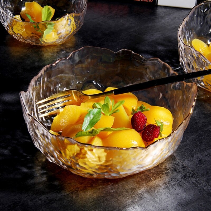750 ml uregelmæssig gennemsigtig glas salatskål frugt skål guld kant frugt grøntsagsskål suppe container køkken accessiory
