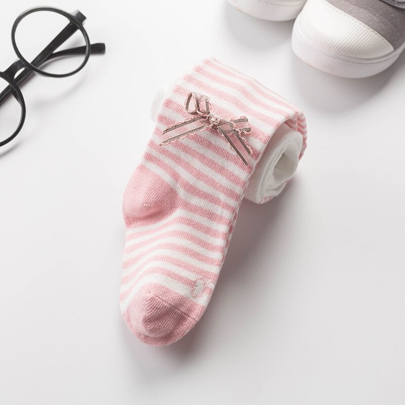 Herfst Kinderen Panty panty Gestreepte Baby Peuter Meisjes Boog-knoop Panty panty Katoen Kinderen Meisje Panty Kousen: pink white / 2-4 years old