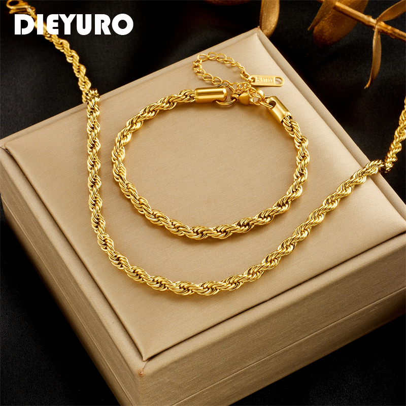 DIEYURO SION L-Ensemble de bijoux en acier inoxydable pour femmes et filles, bracelet JONecklace, document doré, accessoires de , ne se décolore pas