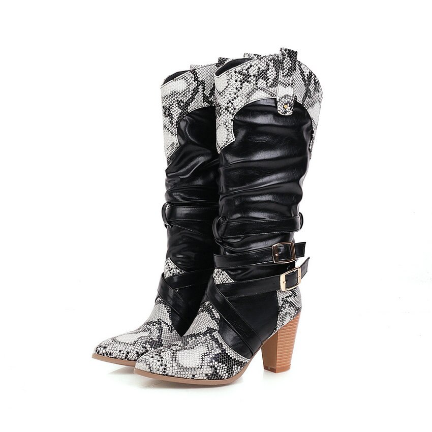 Qutaa slangeskind pu læder blandet farve mellemlæg støvler firkantet hæl efterår vinter spænde kvinder sko stor størrelse 34-43: Sort / 9