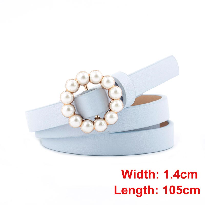 Pearl round pin buckle women simple ladies trend leather belt for women's youth brand belt: style 1-Blue
