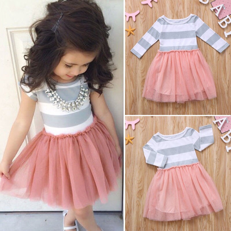 Little Girls Spring TuTu Dress Long Sleeve Striped Waist Ruffle Round Neck Dress Loose Mesh Multi-Layer Princess Dress