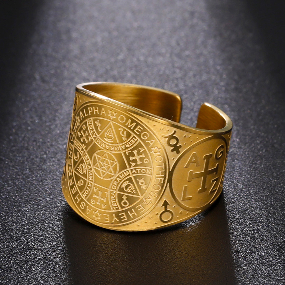 Dawapara Enochian Anillo de Ángel Mágico Solomon Kabbalah Amuleto de Protección Esagrama de Acero Inoxidable Triángulo Joyería Religiosa