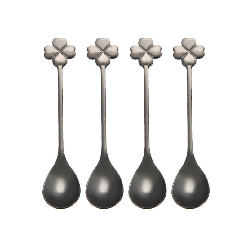 4 Stks/partij Koffie Lepels 12.4 Cm Tiny Lepels 304 Rvs Klavertje Vier Lepel Dessertlepel Set Serveren lepel: Black 4 Pcs