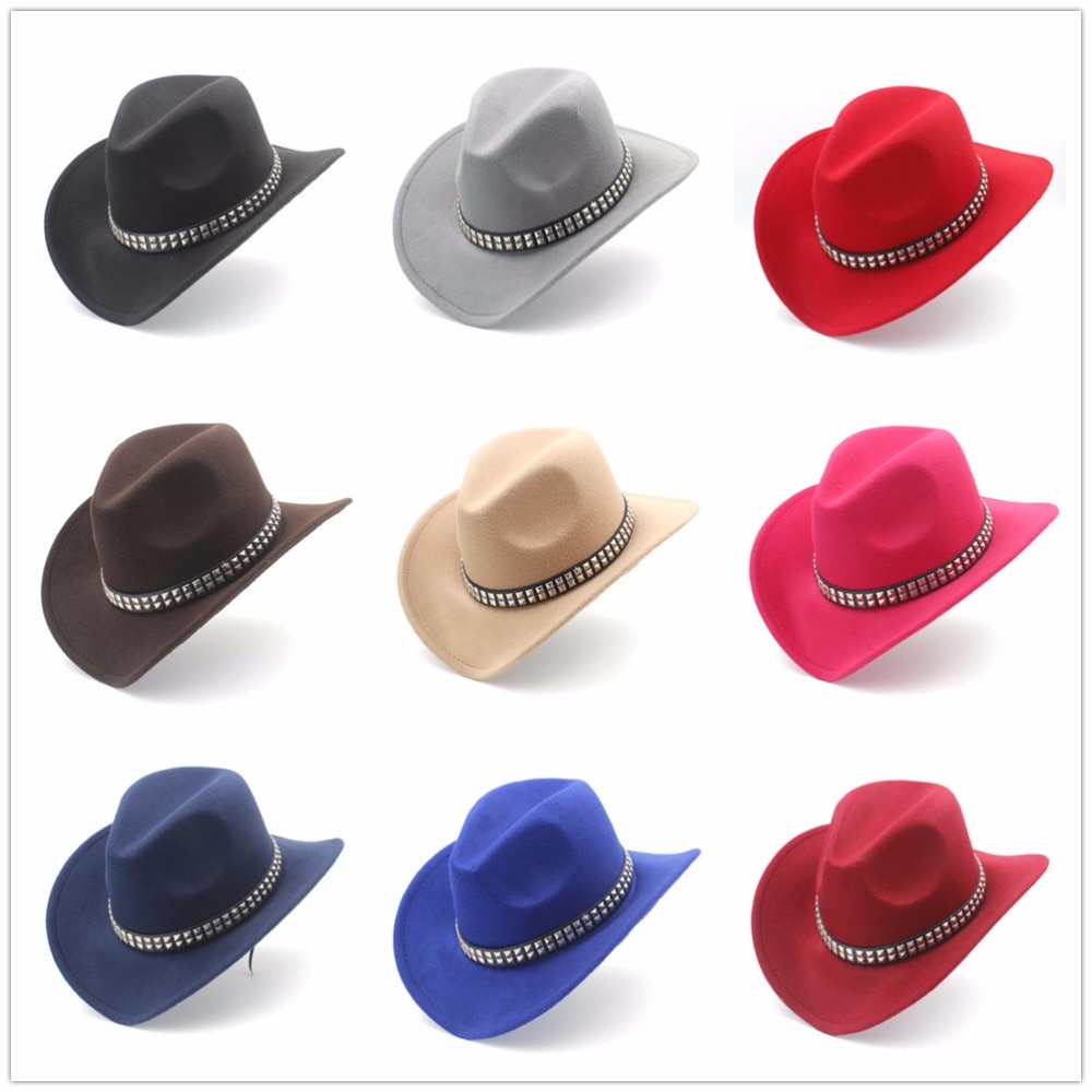 Women Men Wool Hollow Western Cowboy Hat With Wide Brim Felt Cowgirl Jazz Godfather Sombrero Cap Size 56-58CM Punk Belt A35