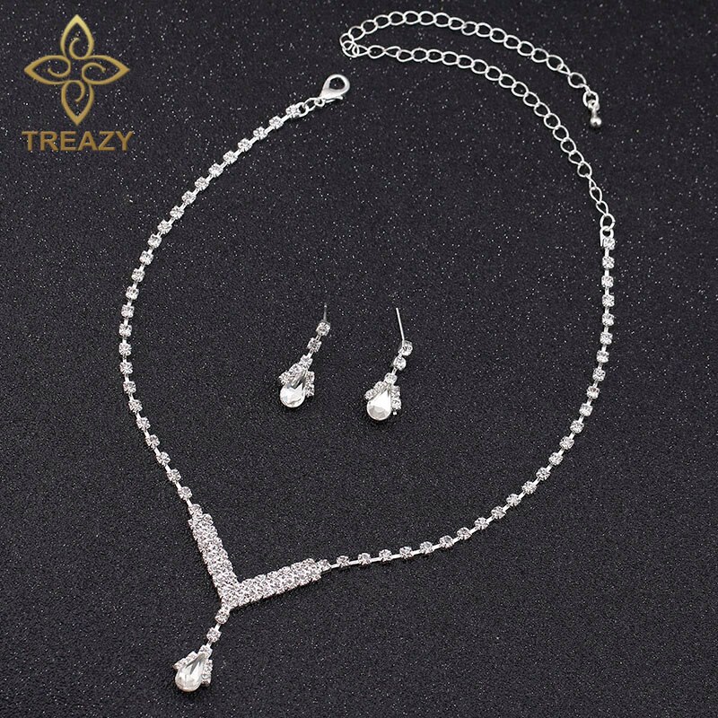 TREAZY Simple V Shape Teardrop Bridal Bridesmaid Jewelry Sets Crystal Wedding Jewelry Necklace Earrings Set for Women