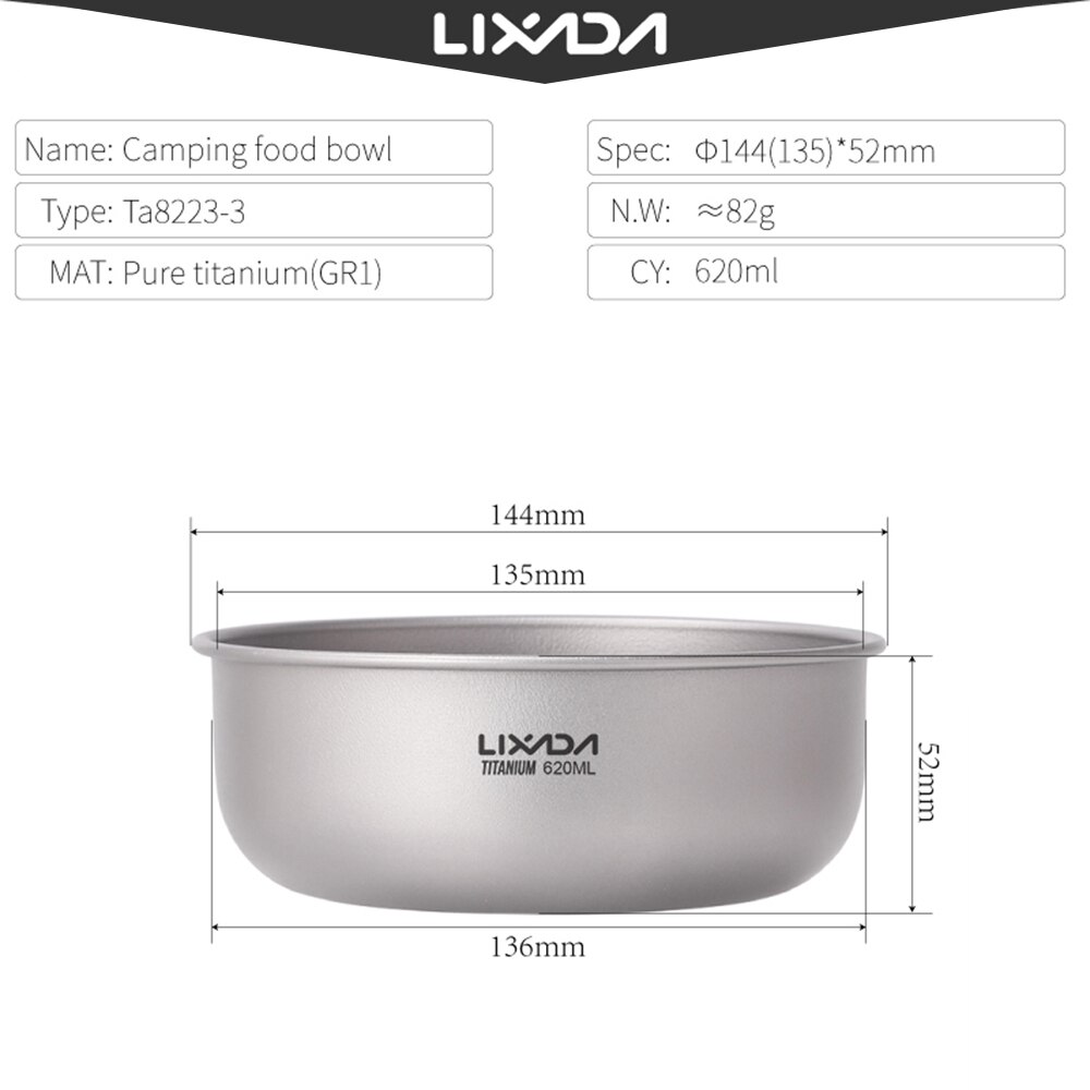 Lixada – bols de Camping en titane, casserole de fruits et légumes, assiette de dîner, récipient de nourriture pour la maison, Camping en plein air, randonnée pique-nique: 620ml