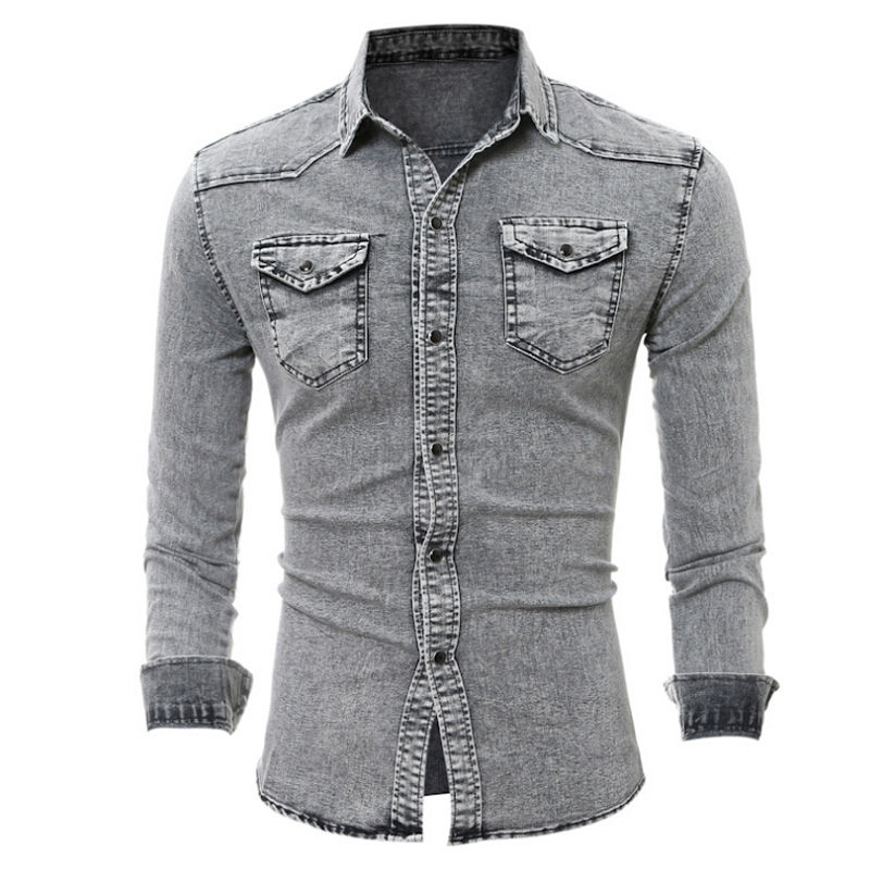 Denim skjorte mænd slim fit jeans skjorte langærmet cowboy stilfulde smarte skjorter vask toppe camisa masculina: Lysegrå / Xxl
