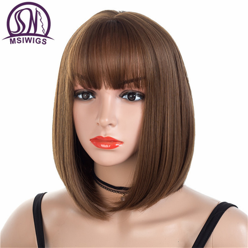 Perruques courtes marron perruques courtes Style Bob perruque de femmes noires synthétiques droites avec frange 12 pouces perruque Blonde cheveux doux