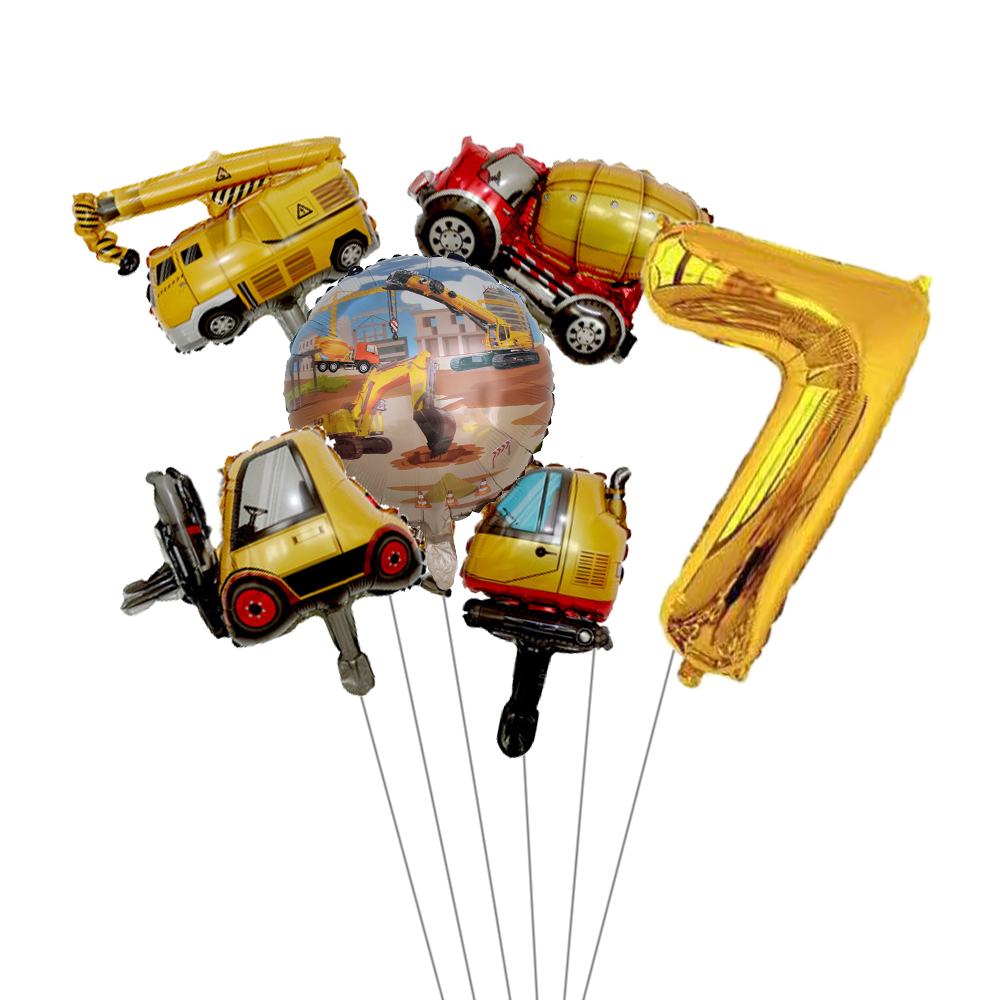 6pcs Mini Carton Vehicle Balloon with 32inch Gold Number Balloon Set for Boy's Construction Themed Birthday Party Decorations: ROSE RED