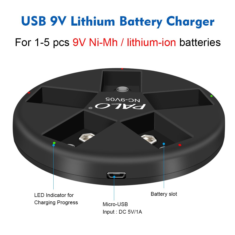 9V battery 6f22 lithium battery li-ion rechargeable battery 9v with 5 slots charger for ni-mh lithium 9v battery