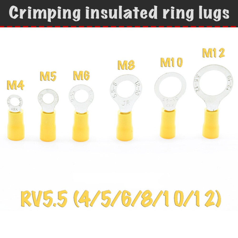 Crimp Geïsoleerde Ring Tips, Draad Terminals, Type-O, Geel, rv5.5-(4/5/6/8/10/12), 50 Stuks