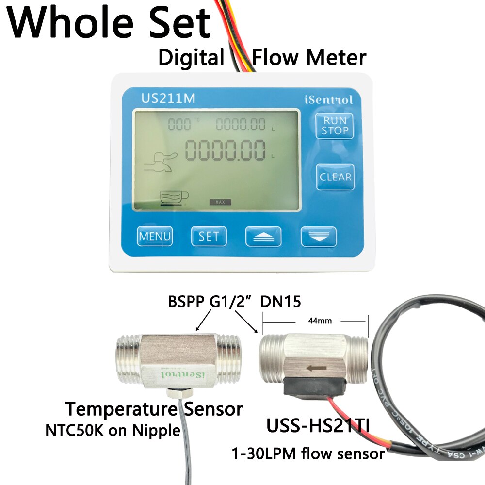 US211M Water Flow Meter Totalizer with SUS304 Stainless Steel USS-HS21TI 1-30L/min Liquid Meter with Temperature Nipple iSentrol: Whole Set
