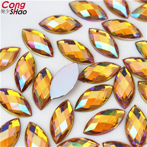 Cong shao 100 stk 7*15mm ab farverige hesteøje flatback akryl rhinestone trim sten og krystaller dekoration tilbehør  wc54: Guldgul ab