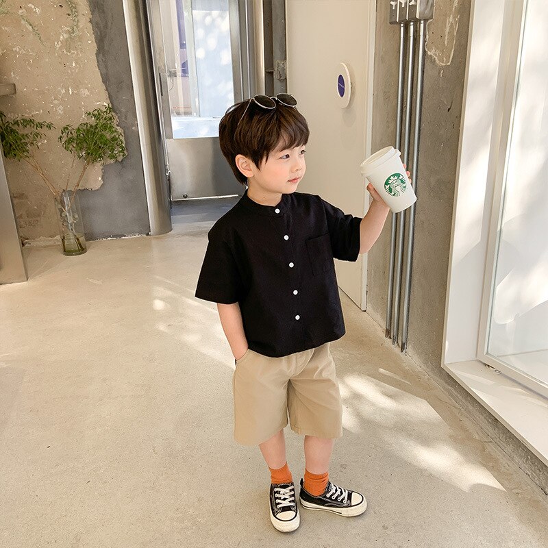 Zomer Baby Jongens Effen Kleur Dunne Korte Mouw Shirts Japanse Stijl Losse Casual Alle-Match Tops: black / 4T
