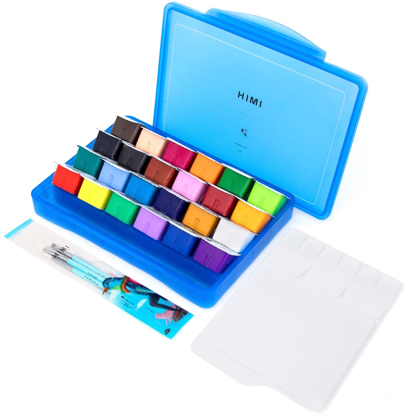 HIMI MIYA Gouache Paint Set 18/24 Colors 30ml Unique Jelly Cup Portable Case with Palette and 3 Paint Brushes For Artist: 24 Blue and brush