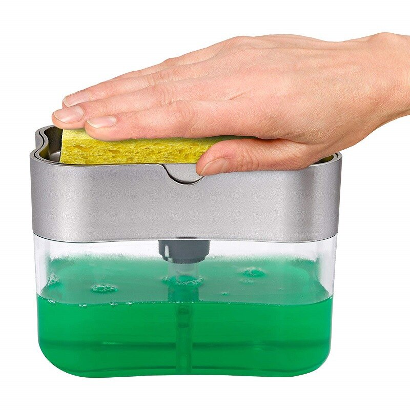 Zeepdispenser, zeeppomp, sponshouder, keuken, 2- in -1 handmatige pers, vloeibare zeepdispenser met sponshouder, reiniging