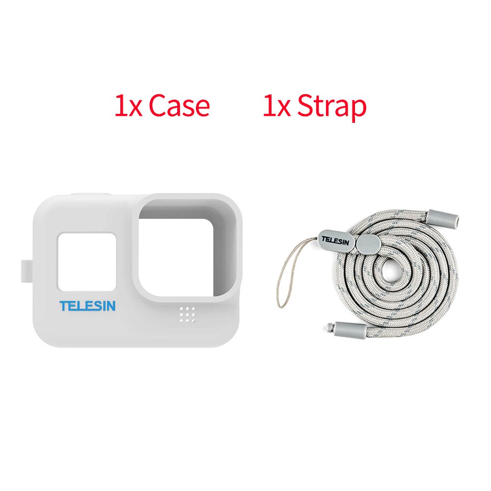 TELESIN Soft Silicone Case Housing Cover Lens Cap Blue White Adjustable Handle Wrist Strap For GoPro Hero 8 Camera Accessories: White