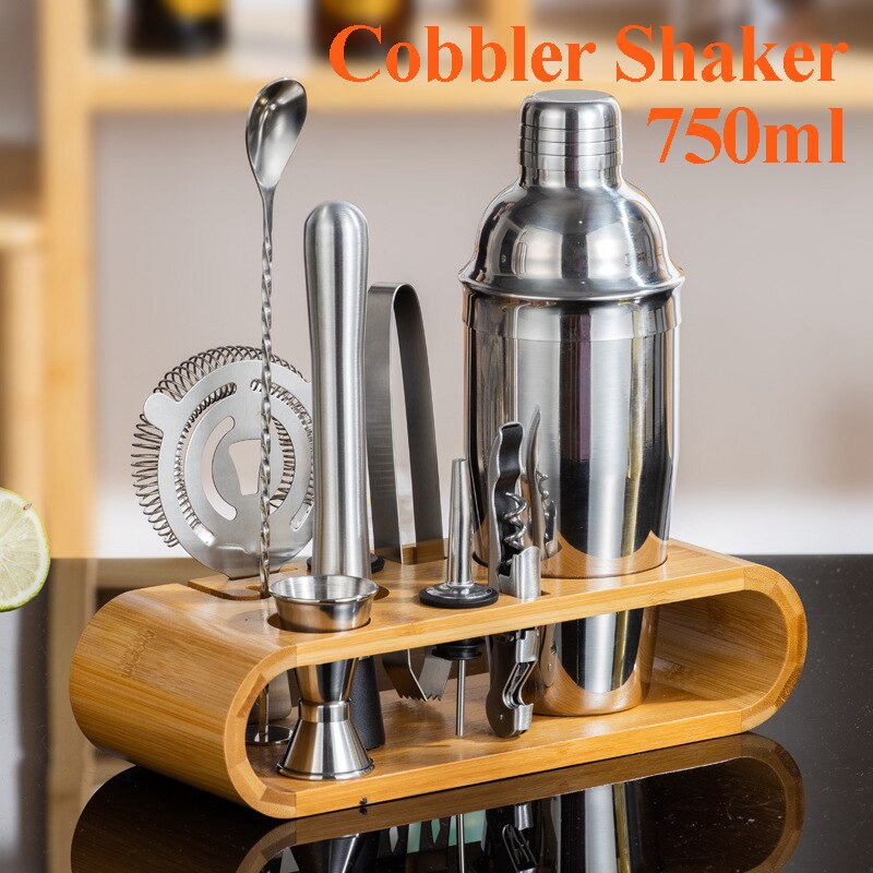 Juego de coctelera de acero inoxidable, mezclador de camarero, Zapatero, coctelera Boston, bar, herramientas, Jigger, mezclador, cuchara vertedora: 10pcs Cobbler Sets B